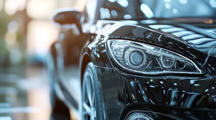 Closeup of Black Car Headlight with Shiny Paint