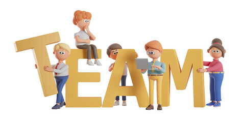 Poster - 3D characters forming the word TEAM with large letters, isolated on a white background. Concept of teamwork and collaboration. 3D Rendering
