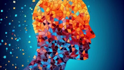 Poster - Abstract human head profile composed of colorful geometric shapes, evoking concepts of artificial intelligence, consciousness, and the digital world