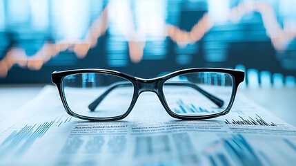 Wall Mural - A pair of glasses rests on top of a financial newspaper, with bold headlines discussing market volatility and investment returns. The background features a digital screen displaying a fluctuating