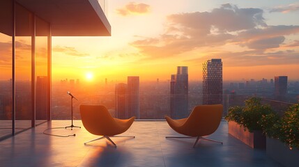 Rooftop podcast recording at sunset, featuring two chairs and wireless microphones against a vibrant urban skyline. The scene is bathed in golden light with clear skies and a modern city backdrop