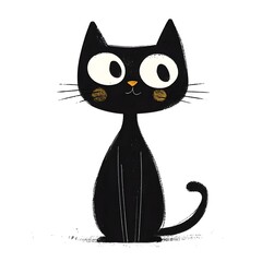  a simple, cartoon-style illustration of a black cat. The cat has a sleek body with a long tail that curls at the end. Its eyes are large and white with small black pupils, giving it a curious and play