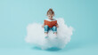 © pattozher - Reading on a Cloud: A young girl, lost in a book, sits atop a fluffy white cloud against a bright blue sky. This whimsical image evokes a sense of childhood wonder, imagination.