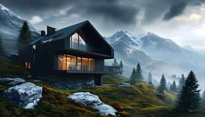 Wall Mural - Enigmatic Black House Amidst a Dramatic Mountain Landscape