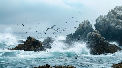 Poster - Dramatic Coastal Scene with Waves and Birds in Flight