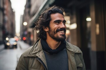 Wall Mural - Portrait of a handsome young man laughing in the city streets.