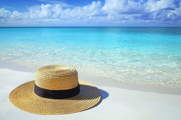 Wall Mural - A straw hat rests on a sandy beach, with clear turquoise waters and a bright sky, evoking a sense of relaxation and escape.