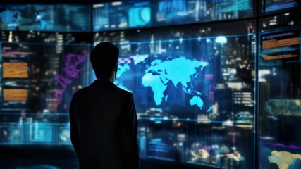 Aufkleber - Businessman in a dark room, looking at digital screens with data and a world map, showing charts and stats. The futuristic tech highlights his focus on innovation and success
