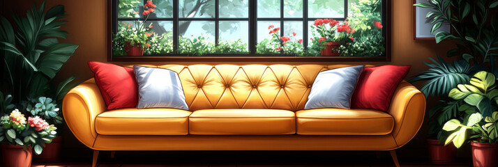 Wall Mural - Yellow couch with red and white pillows in a living room.