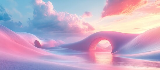 Wall Mural - A surreal dreamscape with a pink archway and a shimmering lake under a soft pink and blue sky.