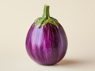 Single round purple eggplant with stem isolated on beige background, vibrant vegetable for healthy cooking, organic produce, fresh ingredient for vegetarian and vegan dishes