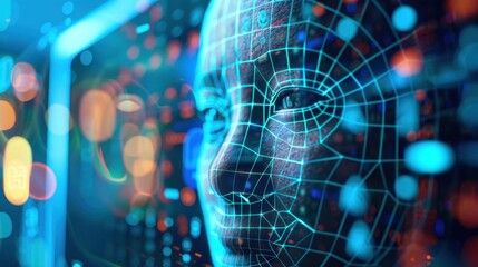 Poster - digital face with network connections and data visuals