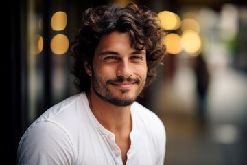 Wall Mural - Portrait of a handsome young man with curly hair in the city