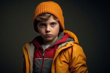 Wall Mural - Little boy in a yellow jacket and a knitted hat. Studio shot.