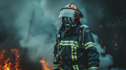 Brave Firefighter Amidst Fiery Blaze Scene