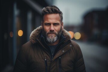 Wall Mural - Portrait of a handsome mature man with long grey beard and mustache wearing a brown down jacket in an urban setting.