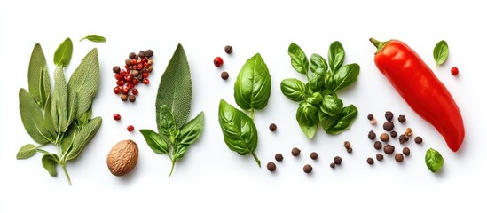 Poster - A variety of spices and herbs, including basil, sage, peppercorns, nutmeg, and a red chili pepper, arranged in a row on a white background.