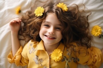 Sticker - Beautiful little girl with yellow flowers in her hair lying on the bed