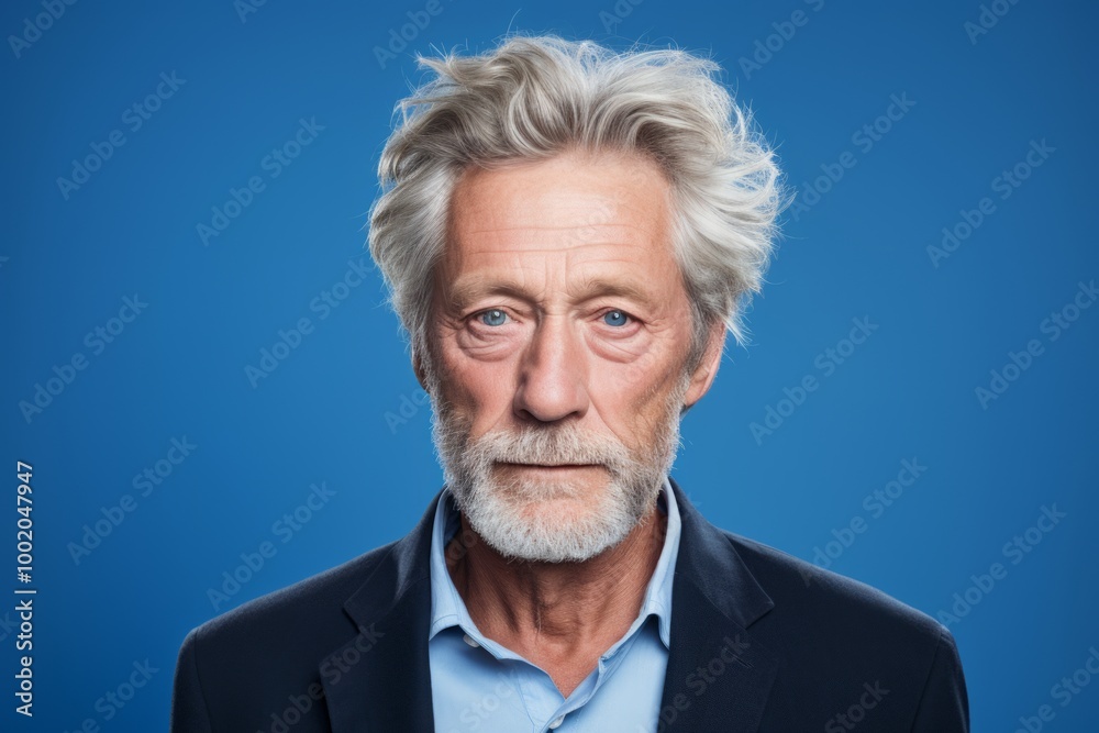Portrait of a senior man with grey hair and beard on blue background ...