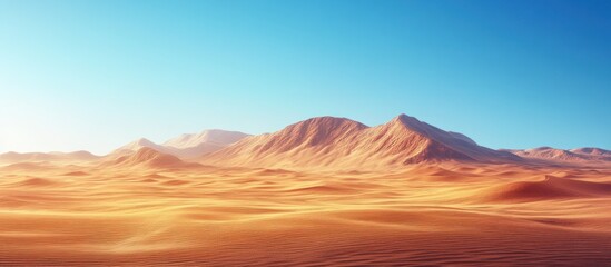 Poster - A vast, golden desert stretches out before a range of red mountains under a clear blue sky.