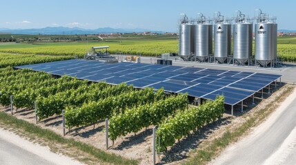 Sticker - A vineyard with solar panels and storage tanks, showcasing sustainable energy use.