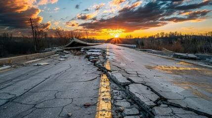 Canvas Print - Cracked Road Under Sunset Sky After Earthquake Damage