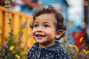 Wall Mural - Portrait of a cute little boy smiling in the park. Happy childhood.