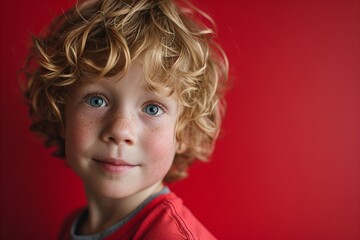 Sticker - Portrait of a cute little boy with curly hair on a red background