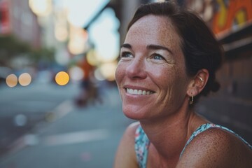 Sticker - Portrait of smiling middle-aged woman in New York City.