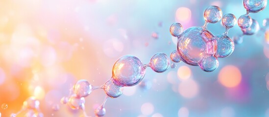 Wall Mural - Abstract 3D rendering of a molecular structure with iridescent spheres connected by thin lines, against a soft blue and pink bokeh background.