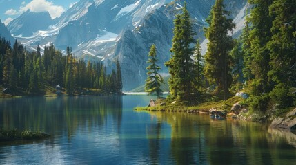 Canvas Print - Serene Mountain Lake Surrounded by Lush Forests