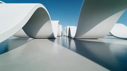Aufkleber - 3d render of abstract wavy structure, futuristic architecture with empty concrete floor