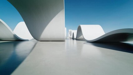 Aufkleber - 3d render of abstract wavy structure, futuristic architecture with empty concrete floor