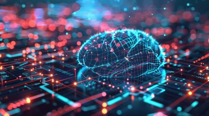 Poster - digital brain concept with neon lights and circuits
