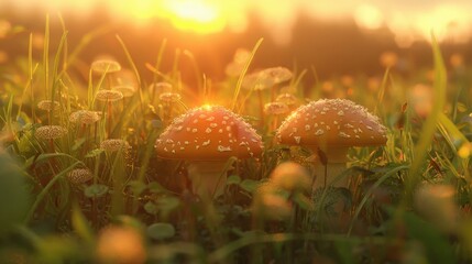 Poster - Magical Sunset Over Mushrooms in a Serene Meadow