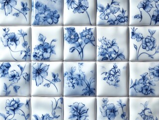 Wall Mural - Blue and White Tile with Flowers