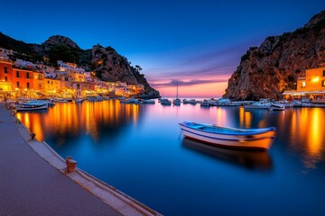 Wall Mural - A quaint fishing village at sunrise, with boats gently swaying in the harbor as the sun rises, casting warm light over the still water and colorful buildings