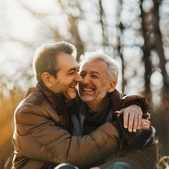 Happy gay couple embracing and smiling outdoors in nature