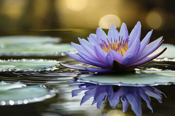 Wall Mural - A serene water lily blooms gracefully on a calm pond, reflecting its beauty in the still water.