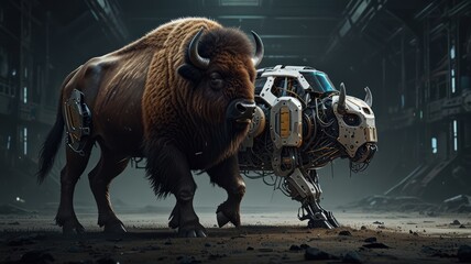 Sticker - A realistic bison stands next to a robotic bison in a futuristic industrial setting.