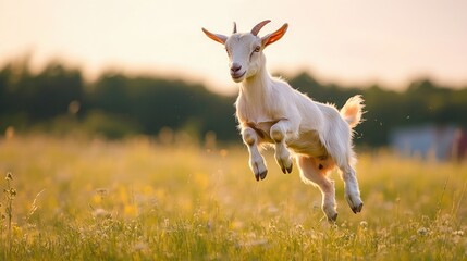 A young Saanen goat leaping playfully in an open meadow, capturing a moment of joy under a warm afternoon sun.