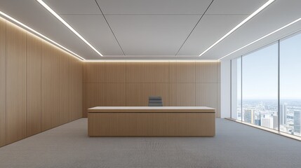 Wall Mural - Modern office interior with a minimalist design and a large window view.