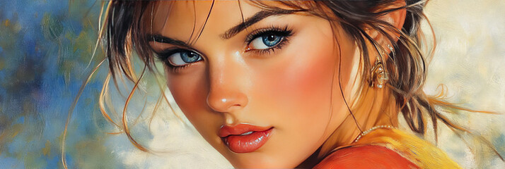 Wall Mural - Close-up portrait of a young woman with blue eyes.