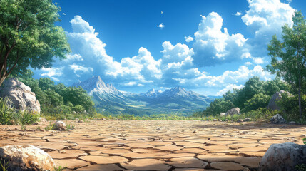 Wall Mural - A vast landscape with cracked earth, lush greenery, and towering mountains under a bright blue sky.