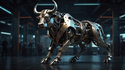 A powerful, mechanical bull stands in a futuristic industrial setting, its metallic body gleaming under the harsh lighting. The bull's imposing presence and intricate design evoke 
