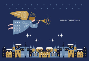 Christmas Angel with Horn Flying Above Night City, Christmas Angel Blowing Trumpet . Greeting card