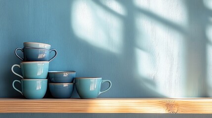 A stack of ceramic cups in various shades of blue, placed on a minimalist wooden kitchen shelf, with soft sunlight