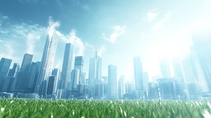 Poster - A modern city skyline with tall buildings under a bright sky and green grass in the foreground.