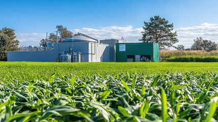 A biogas facility surrounded by lush green crops under a clear blue sky.