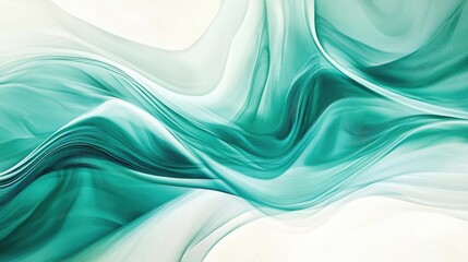 Poster - Abstract flowing lines in shades of teal and aqua, gently curving on a soft white background, evoking themes of nature, water, and serenity -